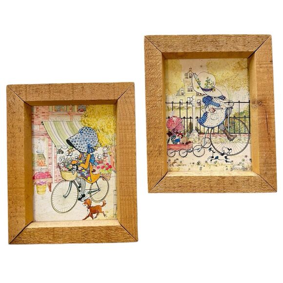 Holly Hobbie Wood Framed Pictures Wall Hangings Set Of 2 Prairie 70s Vintage GUC - Picture 1 of 11